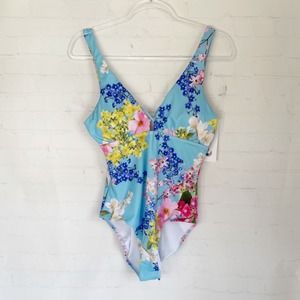 [Moontide] NWT turquoise floral plunge front one piece swimsuit size 12